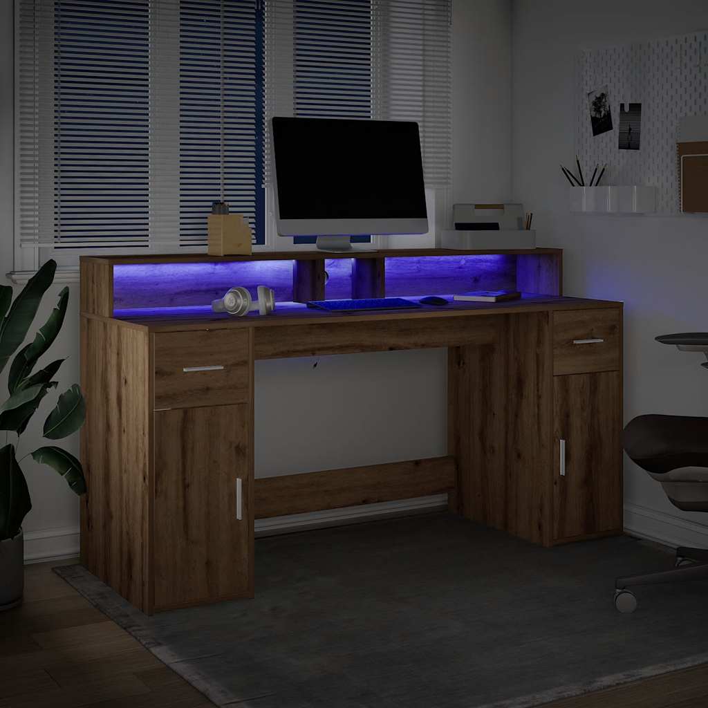 Artisan Oak Desk 160x55x91 cm with LED Lights - Engineered Wood
