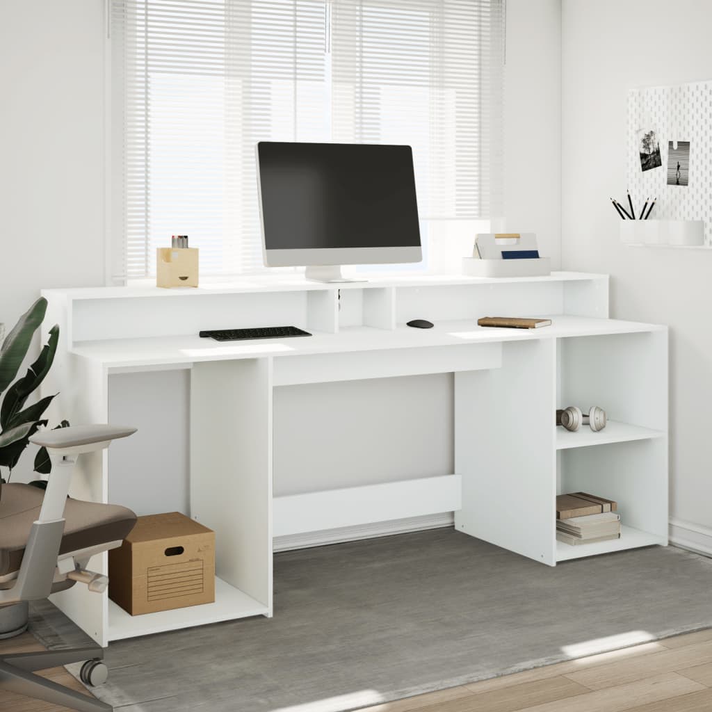 White Engineered Wood Desk with LED Lights - 200x55x91 cm