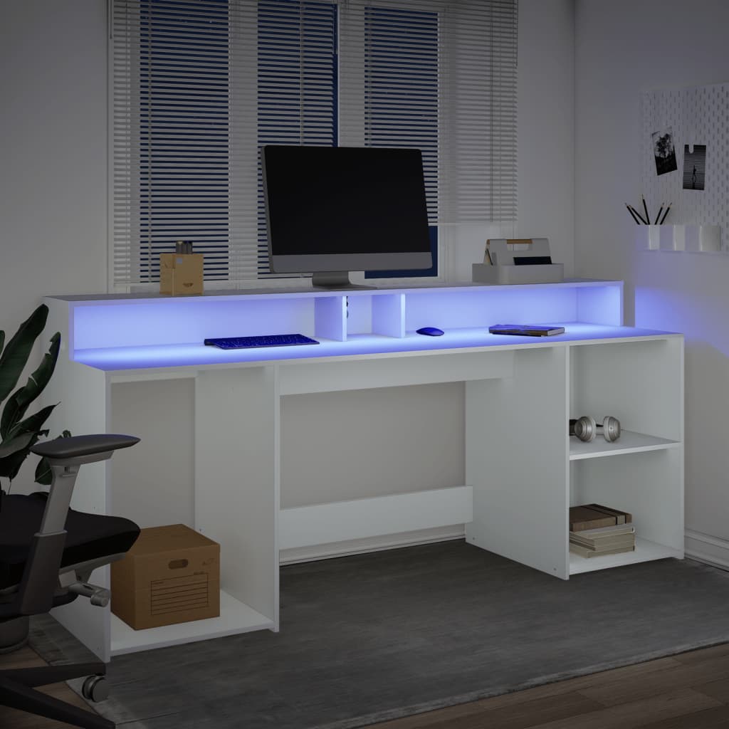 White Engineered Wood Desk with LED Lights - 200x55x91 cm