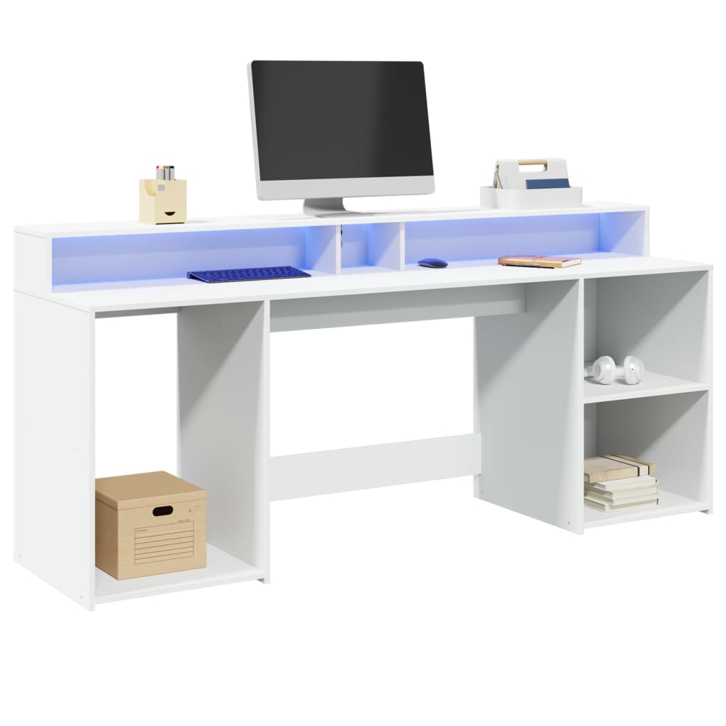 White Engineered Wood Desk with LED Lights - 200x55x91 cm