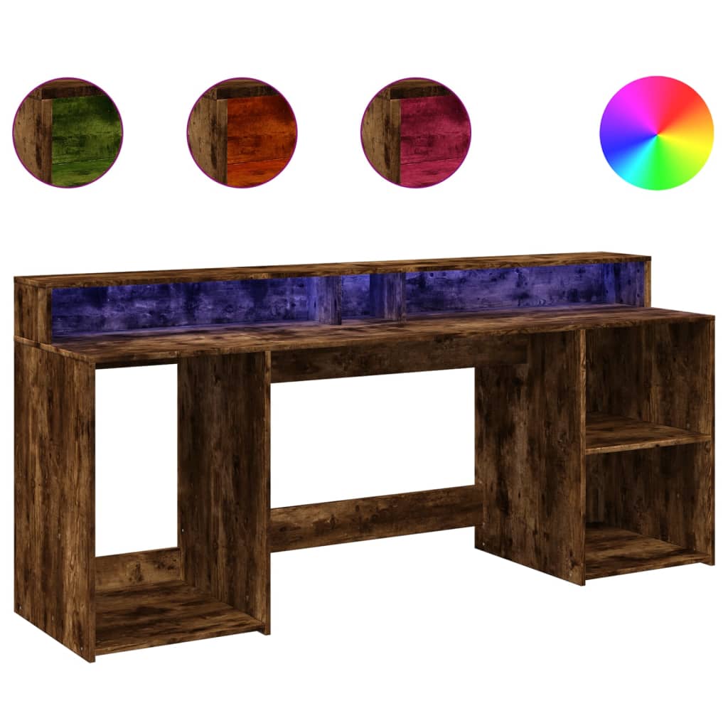 Smoked Oak Engineered Wood Desk with LED Lights, 200x55x91 cm