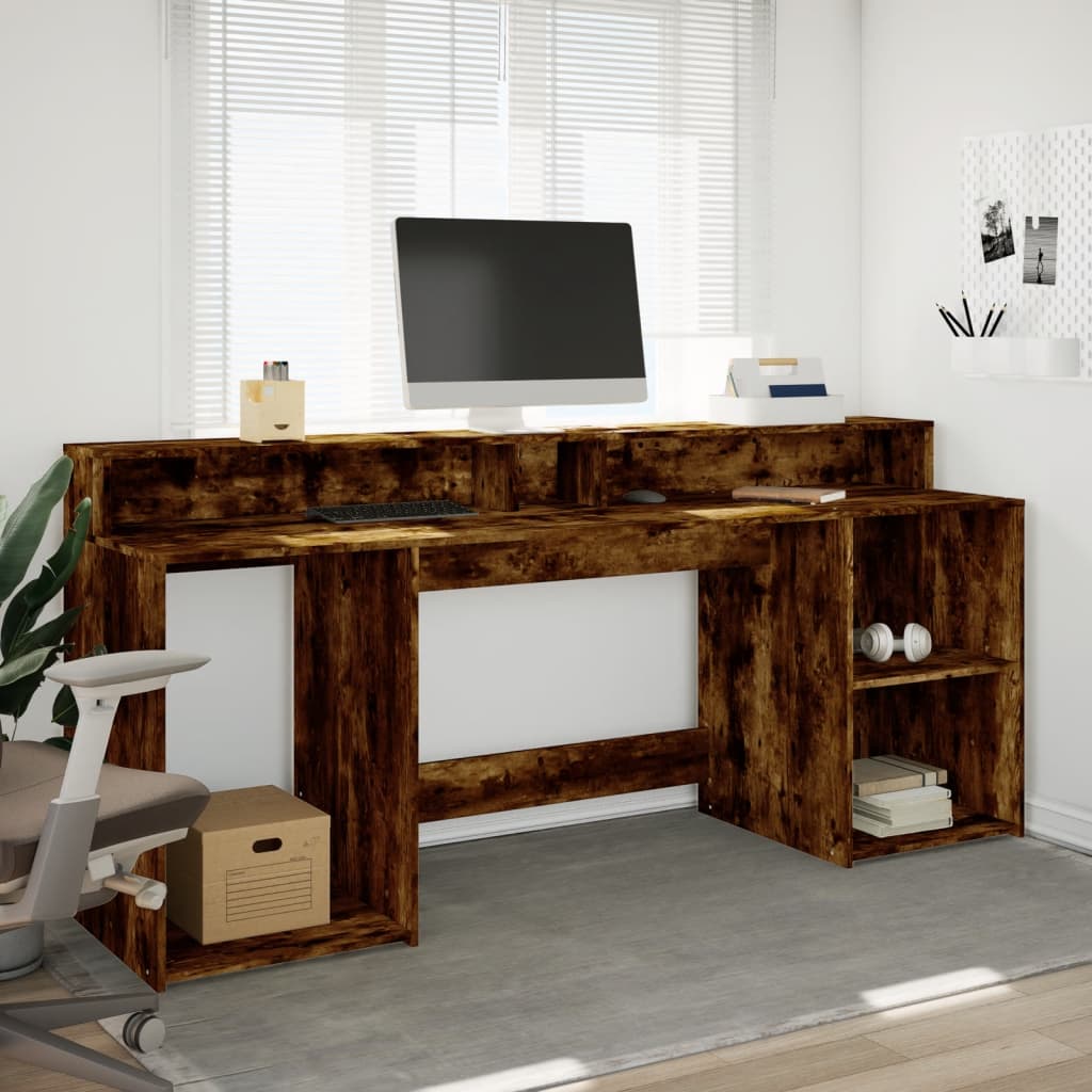 Smoked Oak Engineered Wood Desk with LED Lights, 200x55x91 cm
