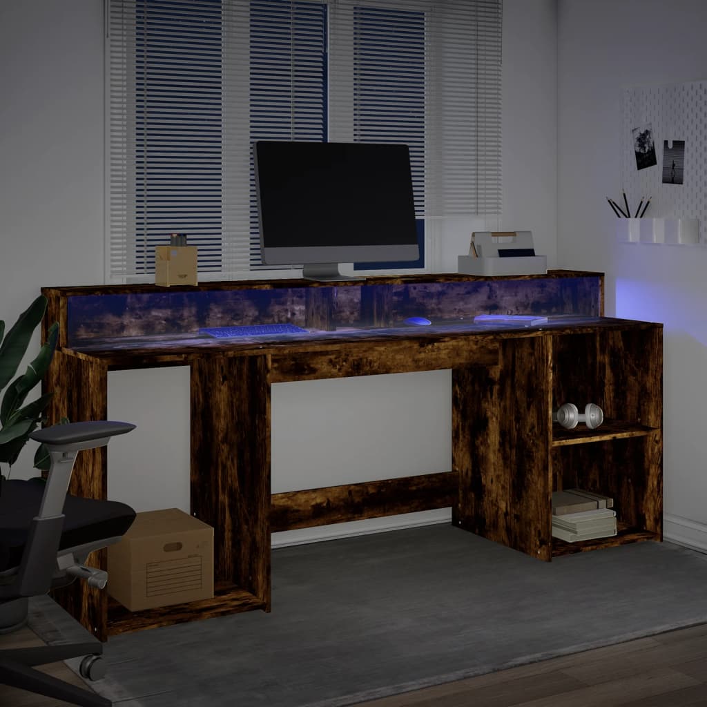 Smoked Oak Engineered Wood Desk with LED Lights, 200x55x91 cm