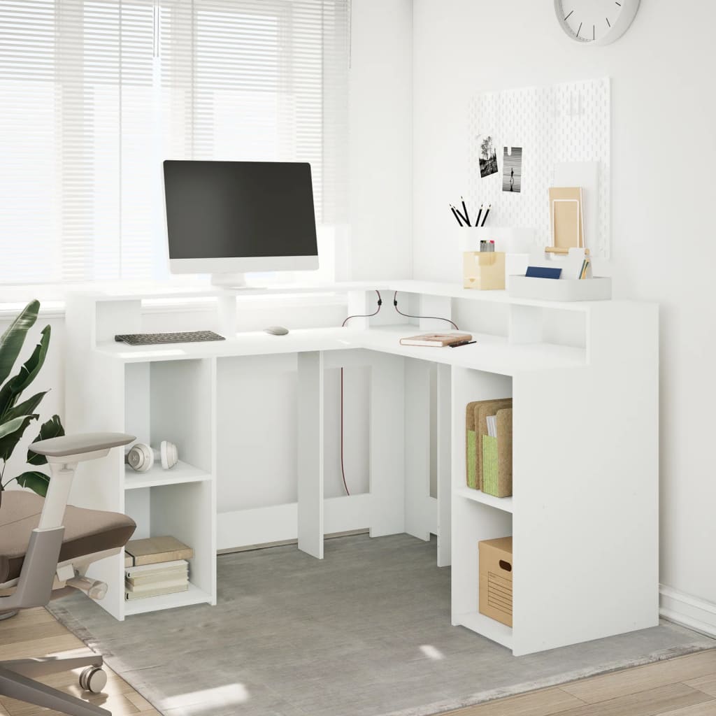 White Engineered Wood Desk with LED Lights, 130x130x91 cm