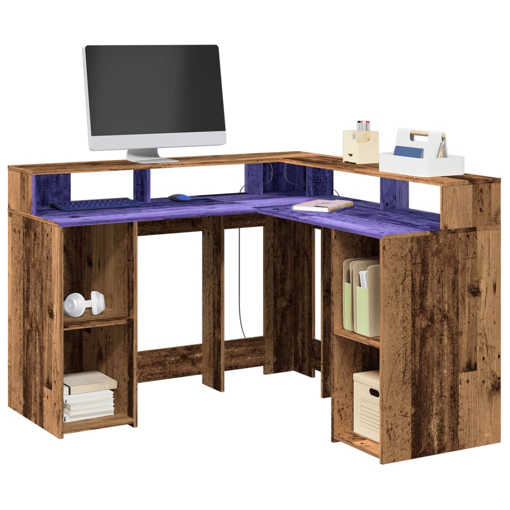 Vintage LED Desk 130cm - Old Wood Finish, Engineered Wood