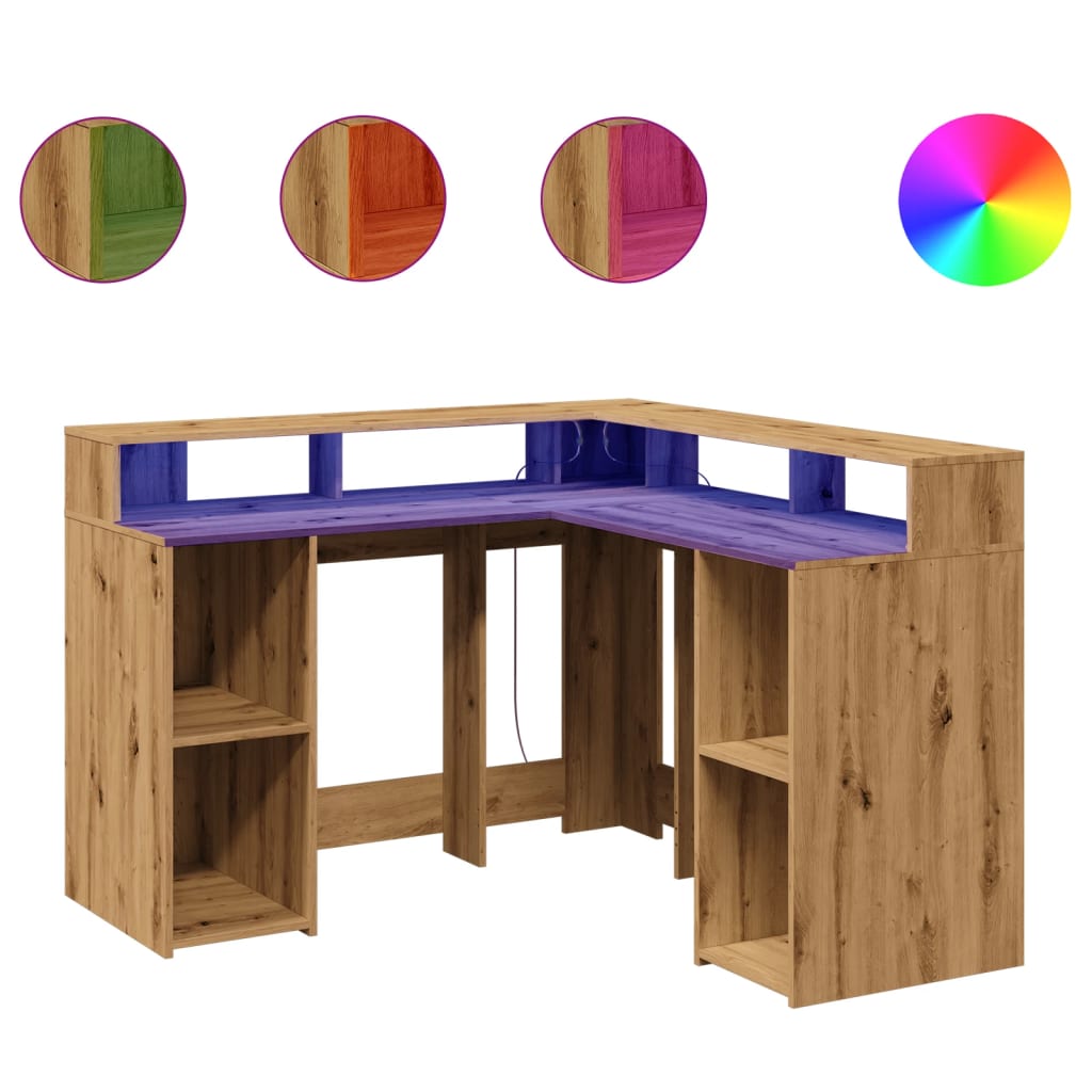 LED-Lit Artisan Oak Desk, 130x130x91 cm, Engineered Wood