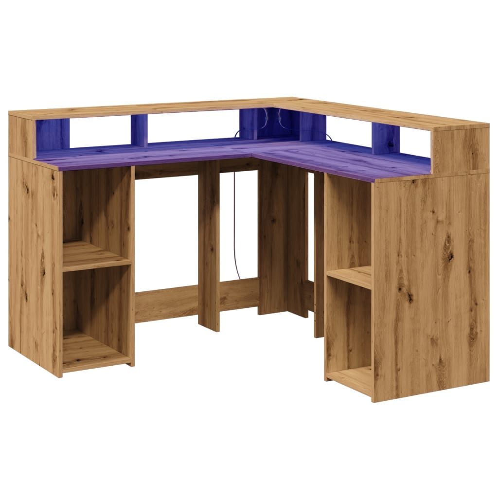 LED-Lit Artisan Oak Desk, 130x130x91 cm, Engineered Wood