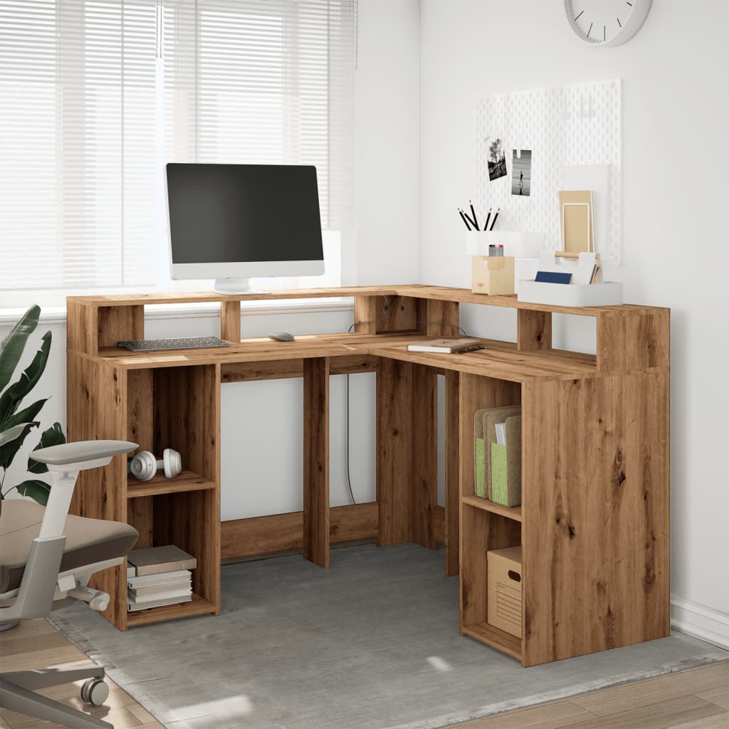 LED-Lit Artisan Oak Desk, 130x130x91 cm, Engineered Wood