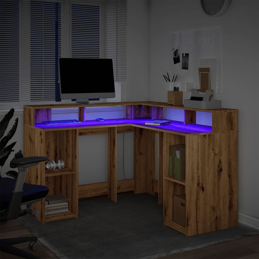 LED-Lit Artisan Oak Desk, 130x130x91 cm, Engineered Wood