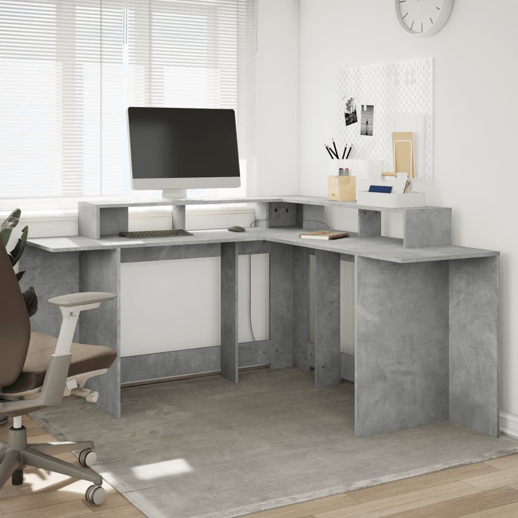 Concrete Grey Engineered Wood Desk with LED Lights, 152x152x91 cm