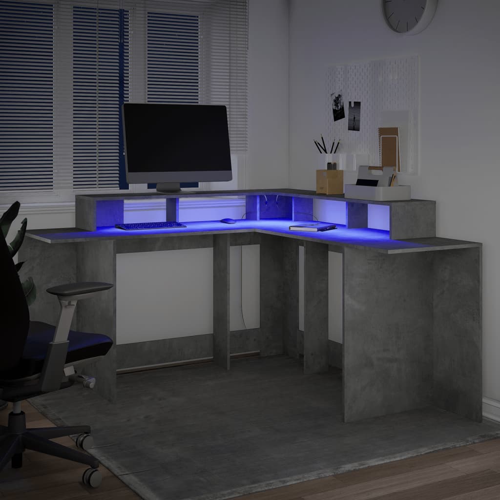 Concrete Grey Engineered Wood Desk with LED Lights, 152x152x91 cm