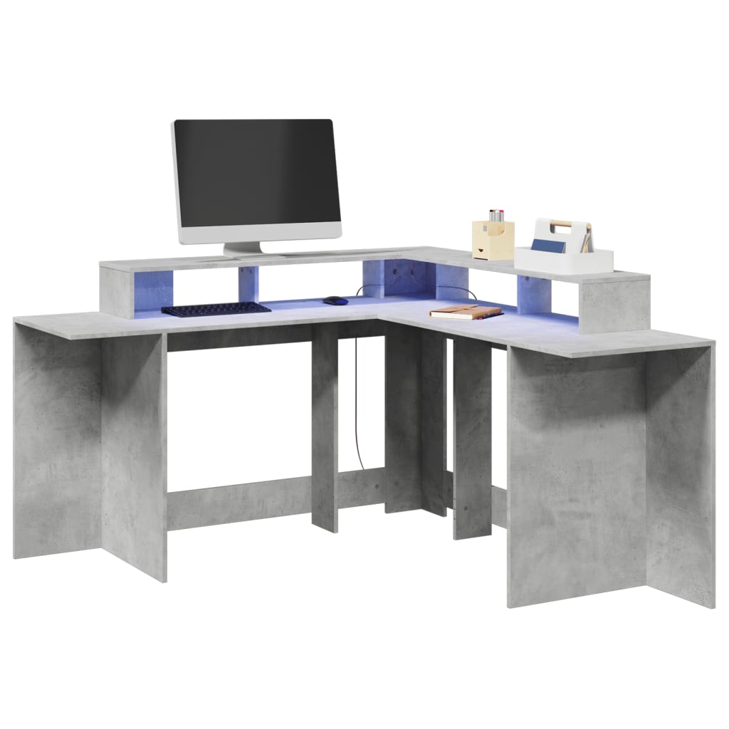 Concrete Grey Engineered Wood Desk with LED Lights, 152x152x91 cm