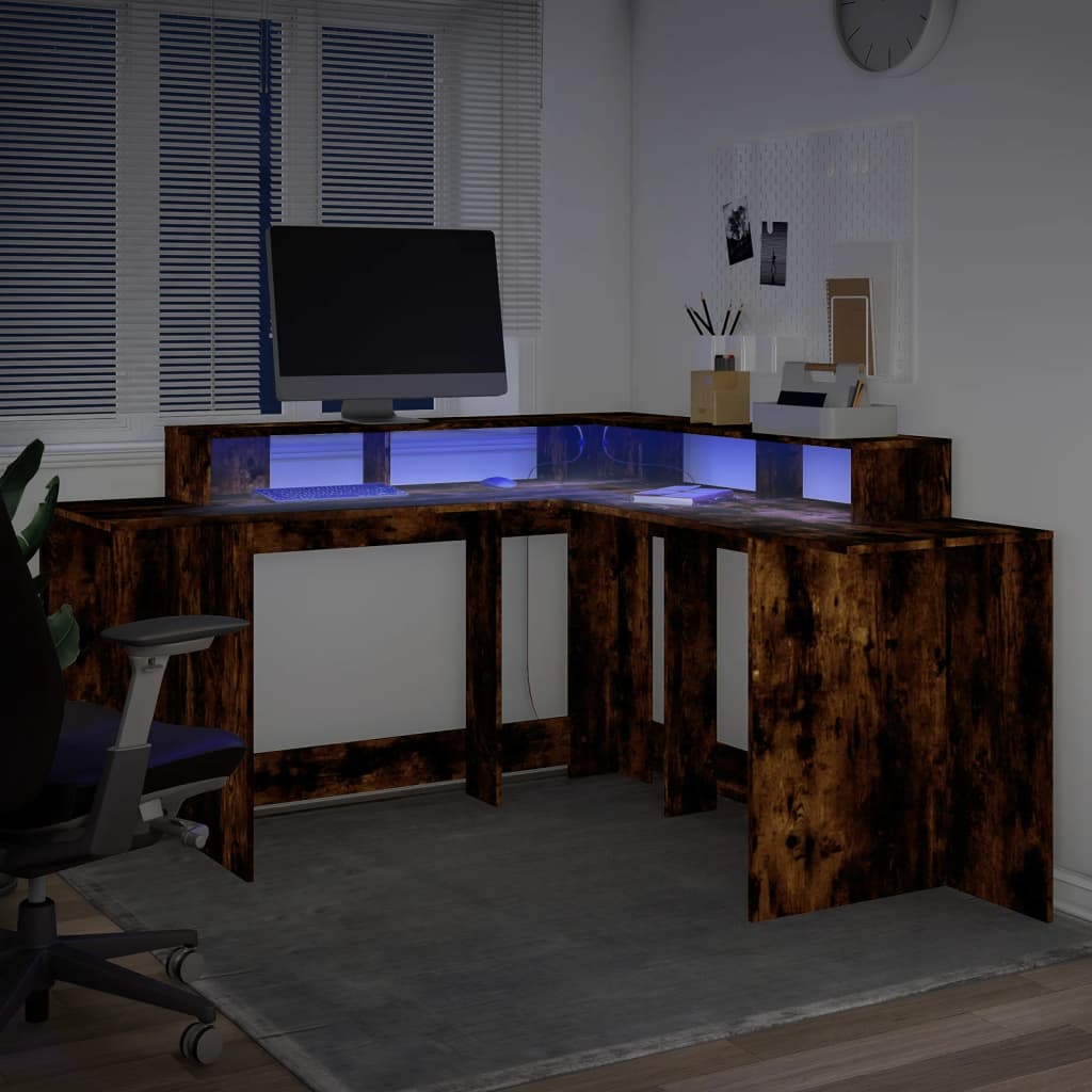 Smoked Oak Engineered Wood Desk with LED Lights, 152x152x91 cm