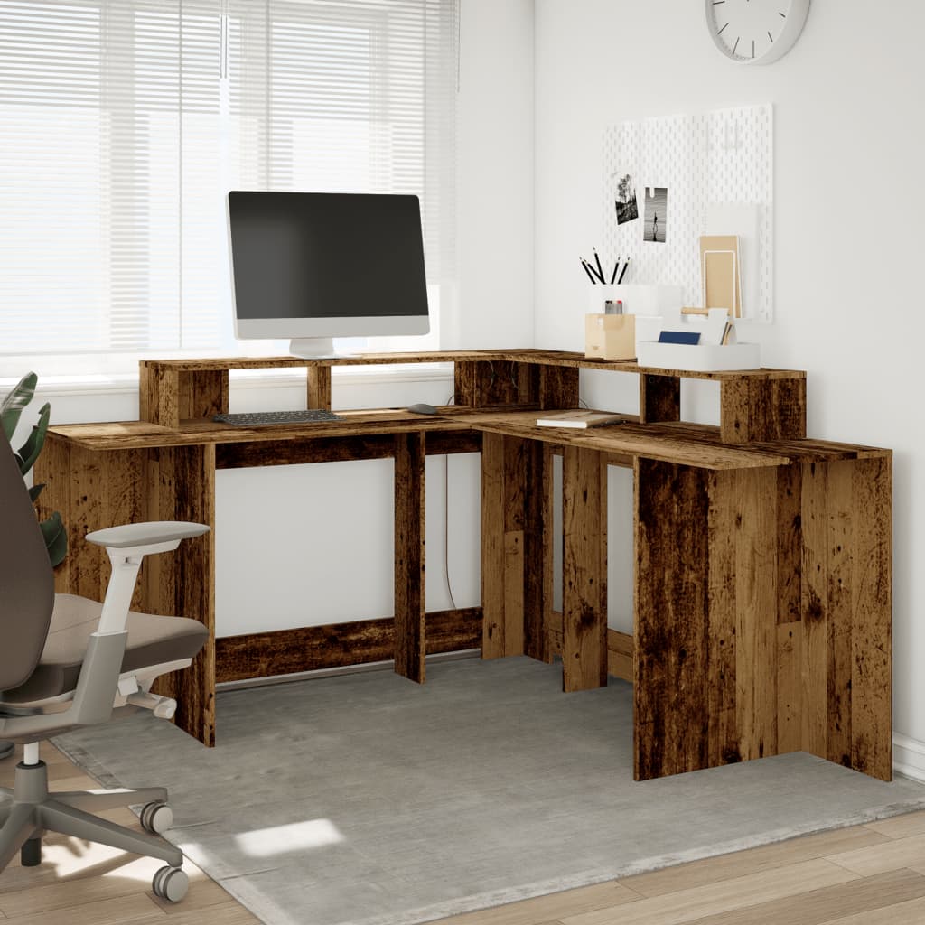 Engineered Wood Desk with LED Lights 152x152x91 cm - Rustic Charm