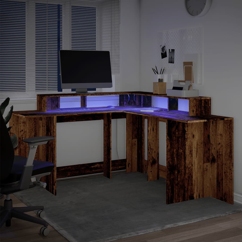 Engineered Wood Desk with LED Lights 152x152x91 cm - Rustic Charm