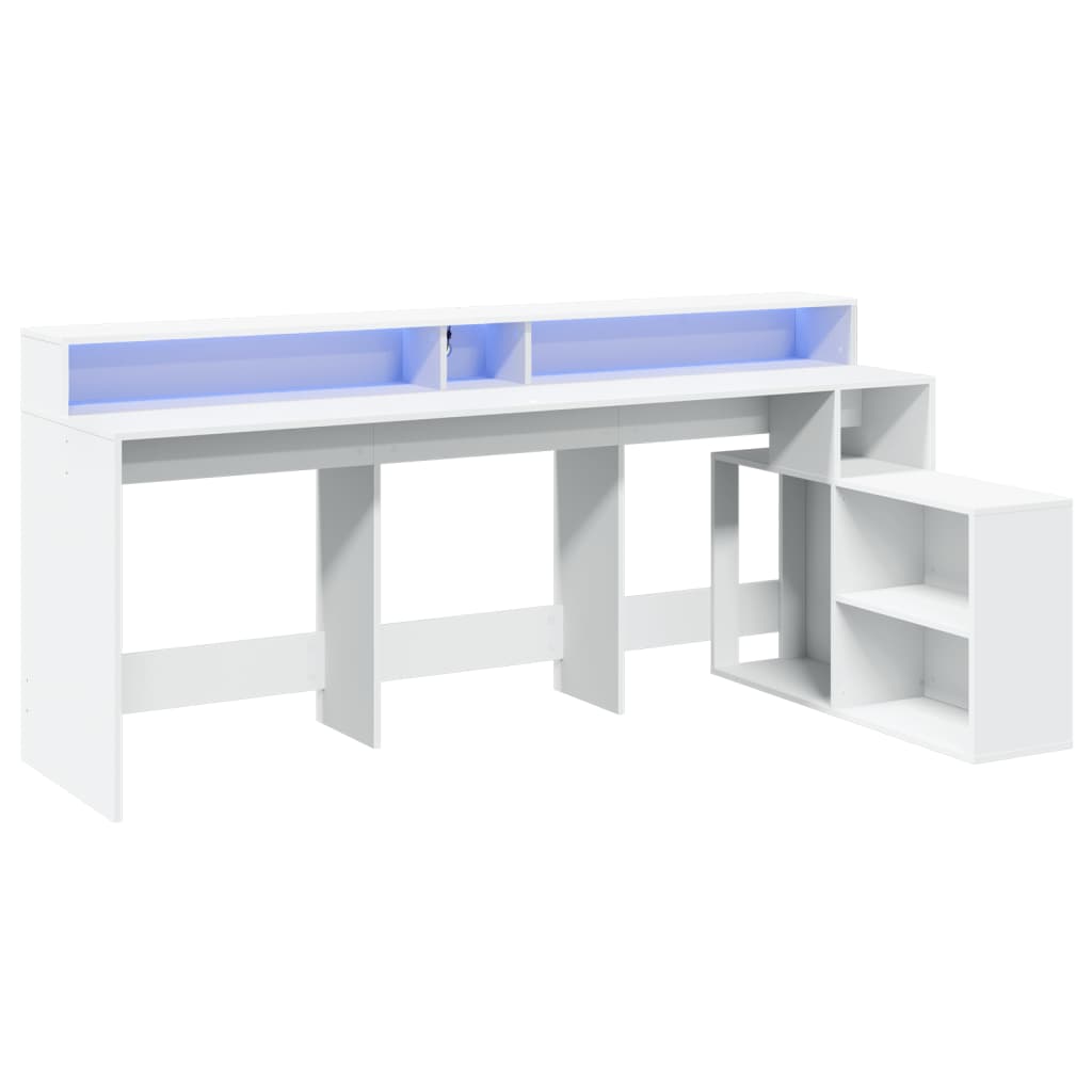 White Engineered Wood Desk with LED Lights - 200x104x91 cm