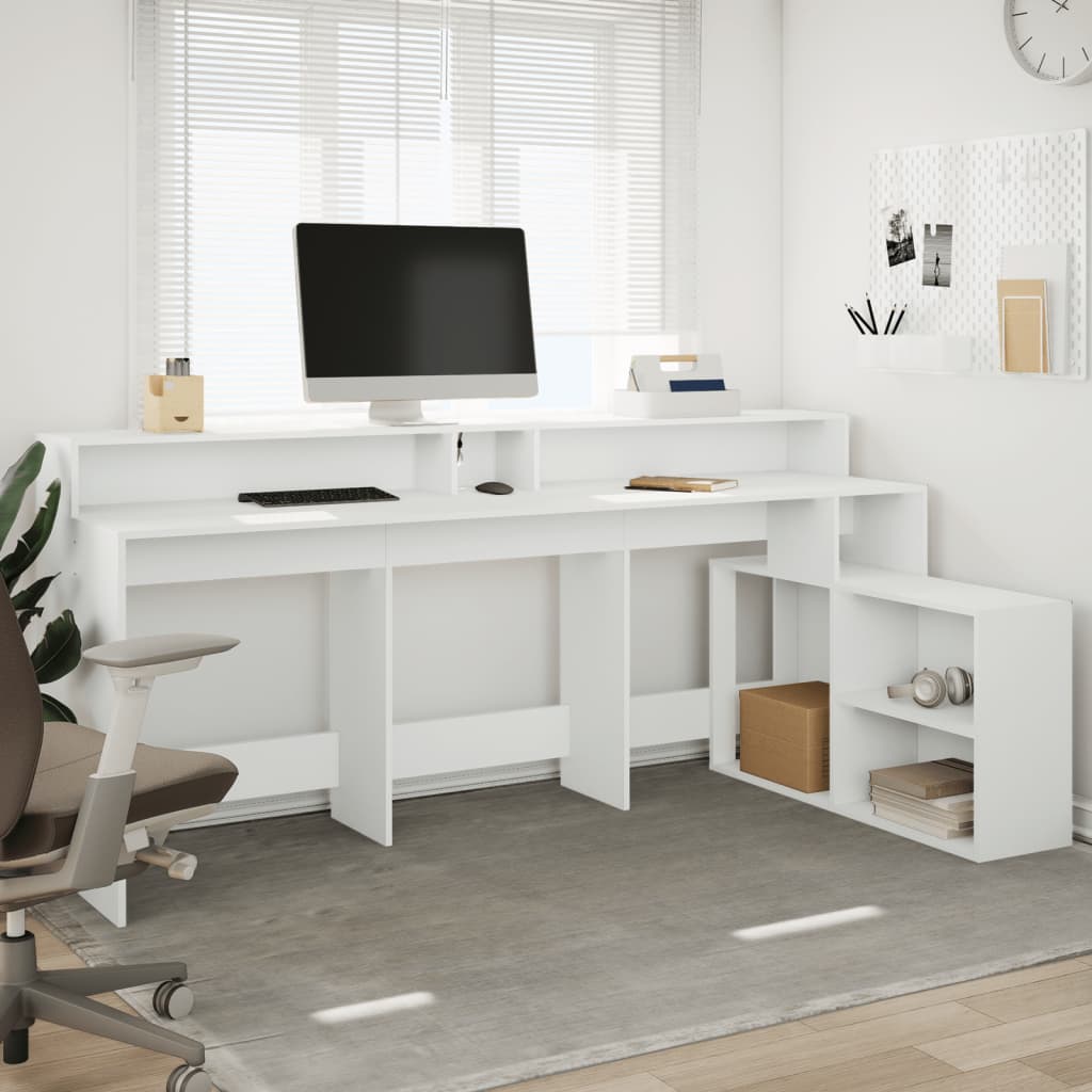 White Engineered Wood Desk with LED Lights - 200x104x91 cm