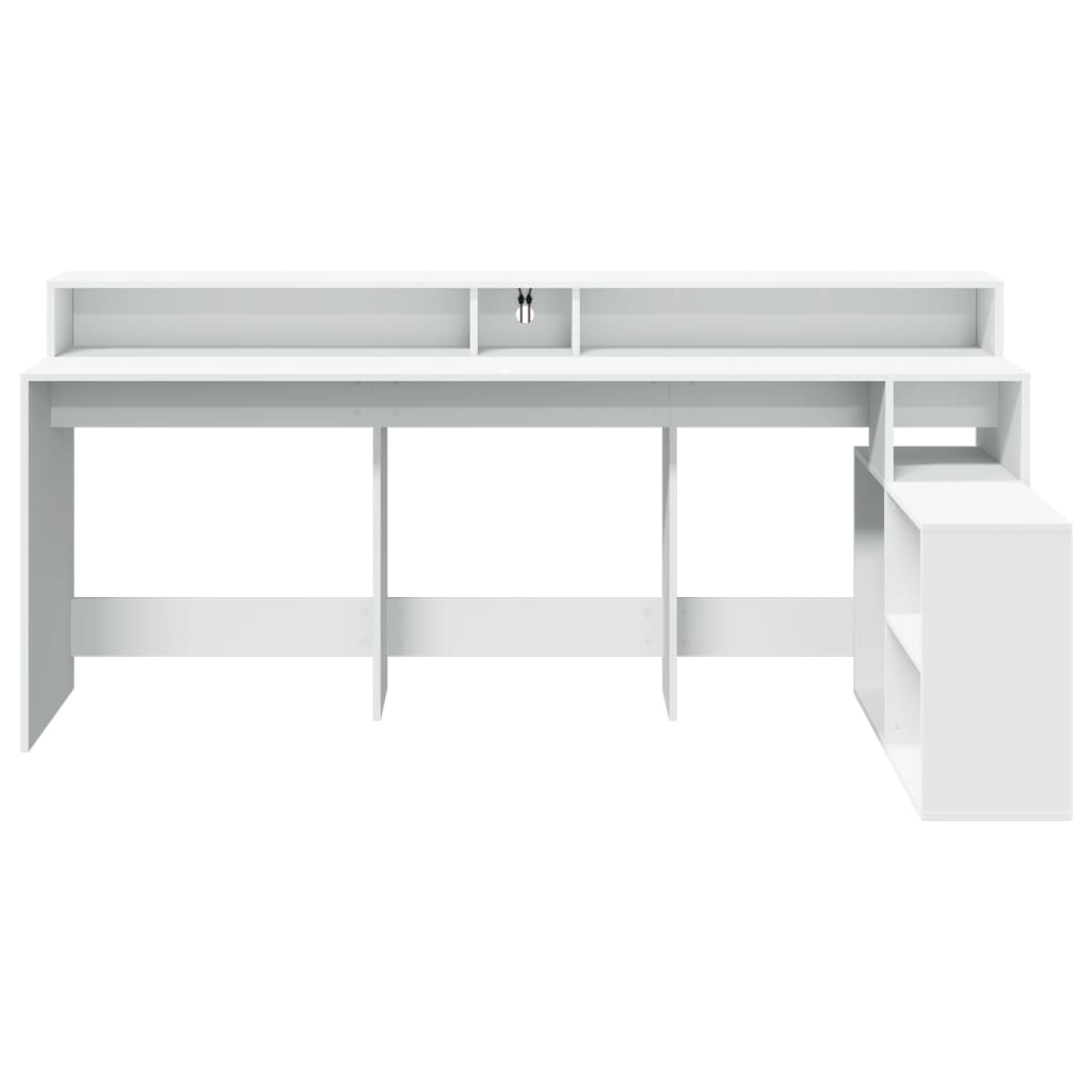 White Engineered Wood Desk with LED Lights - 200x104x91 cm