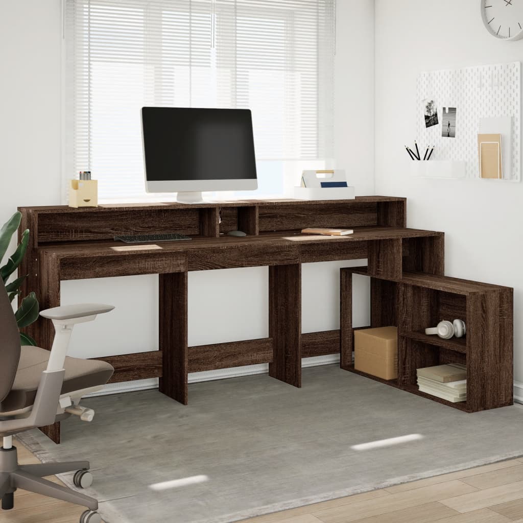 Brown Oak Desk w/ LED Lights, Engineered Wood, 200x104x91 cm