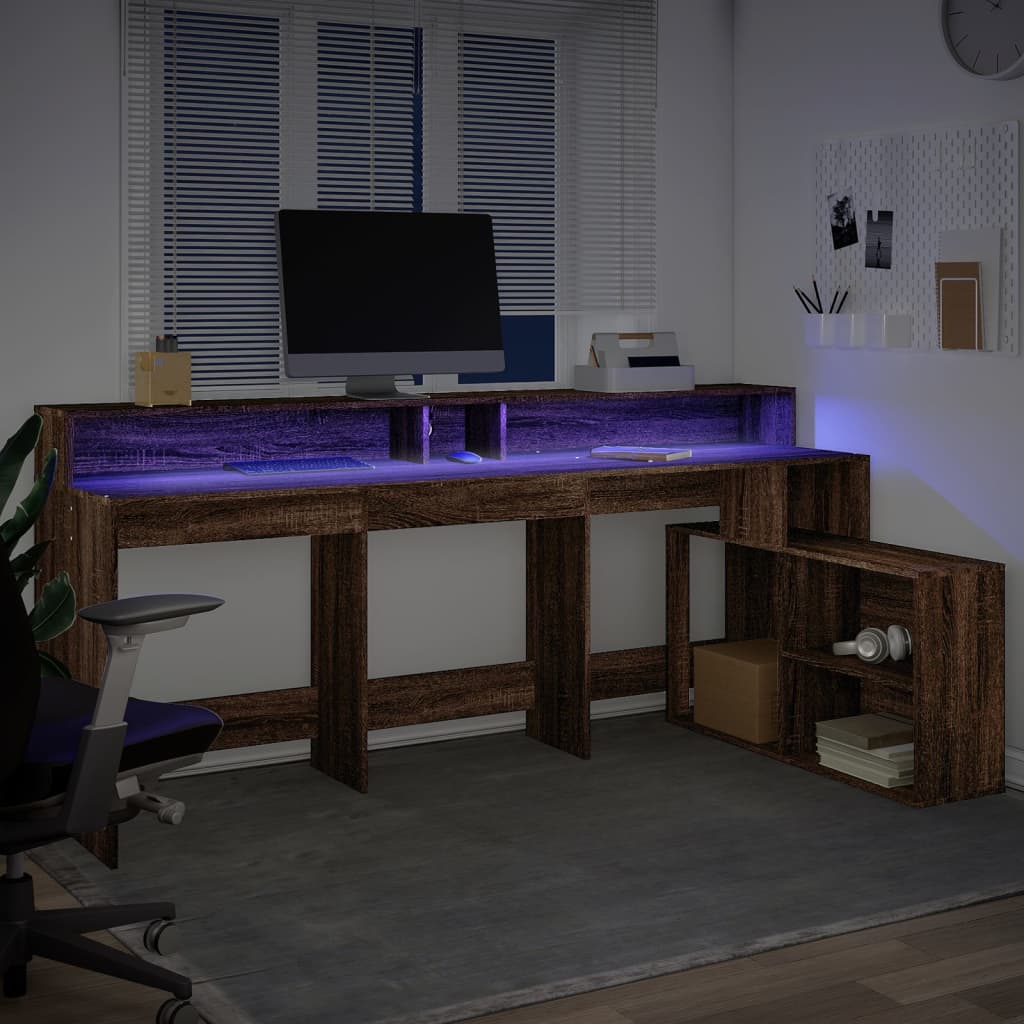 Brown Oak Desk w/ LED Lights, Engineered Wood, 200x104x91 cm