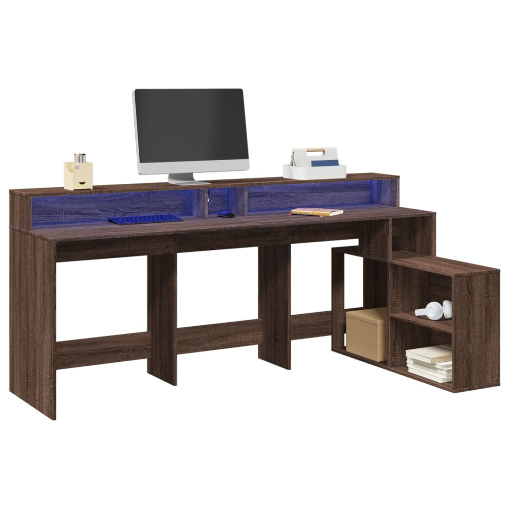 Brown Oak Desk w/ LED Lights, Engineered Wood, 200x104x91 cm