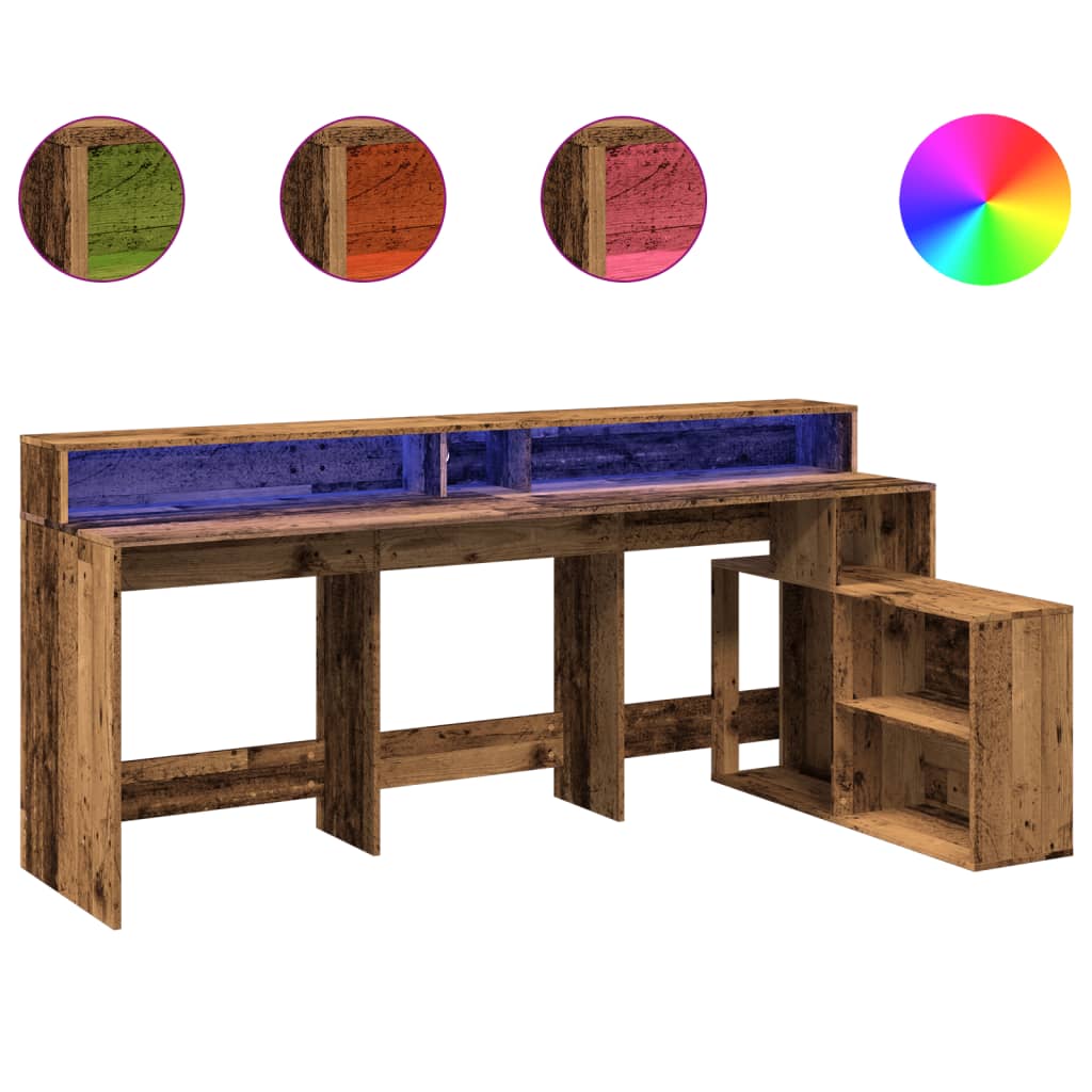 Rustic Engineered Wood Desk with LED Lights, 200x104x91 cm