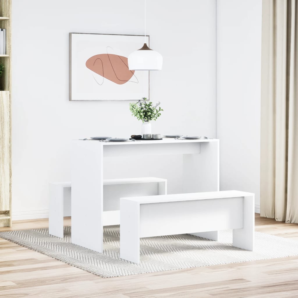 White 3-Piece Dining Set with Bench | Engineered Wood Furniture