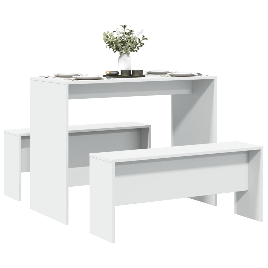 White 3-Piece Dining Set with Bench | Engineered Wood Furniture