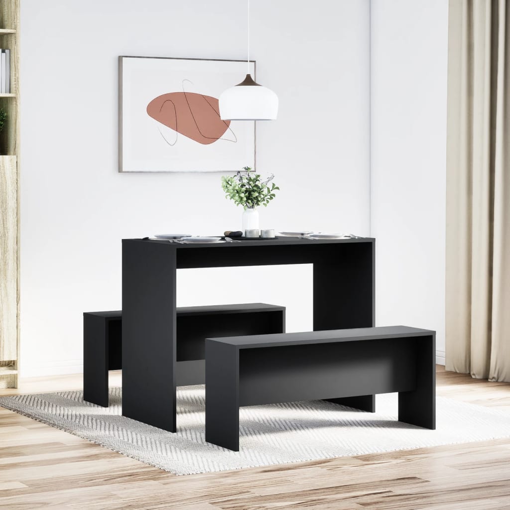 Black Engineered Wood 3-Piece Dining Table & Bench Set