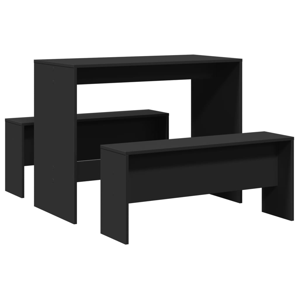 Black Engineered Wood 3-Piece Dining Table & Bench Set