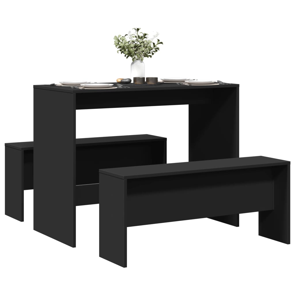 Black Engineered Wood 3-Piece Dining Table & Bench Set