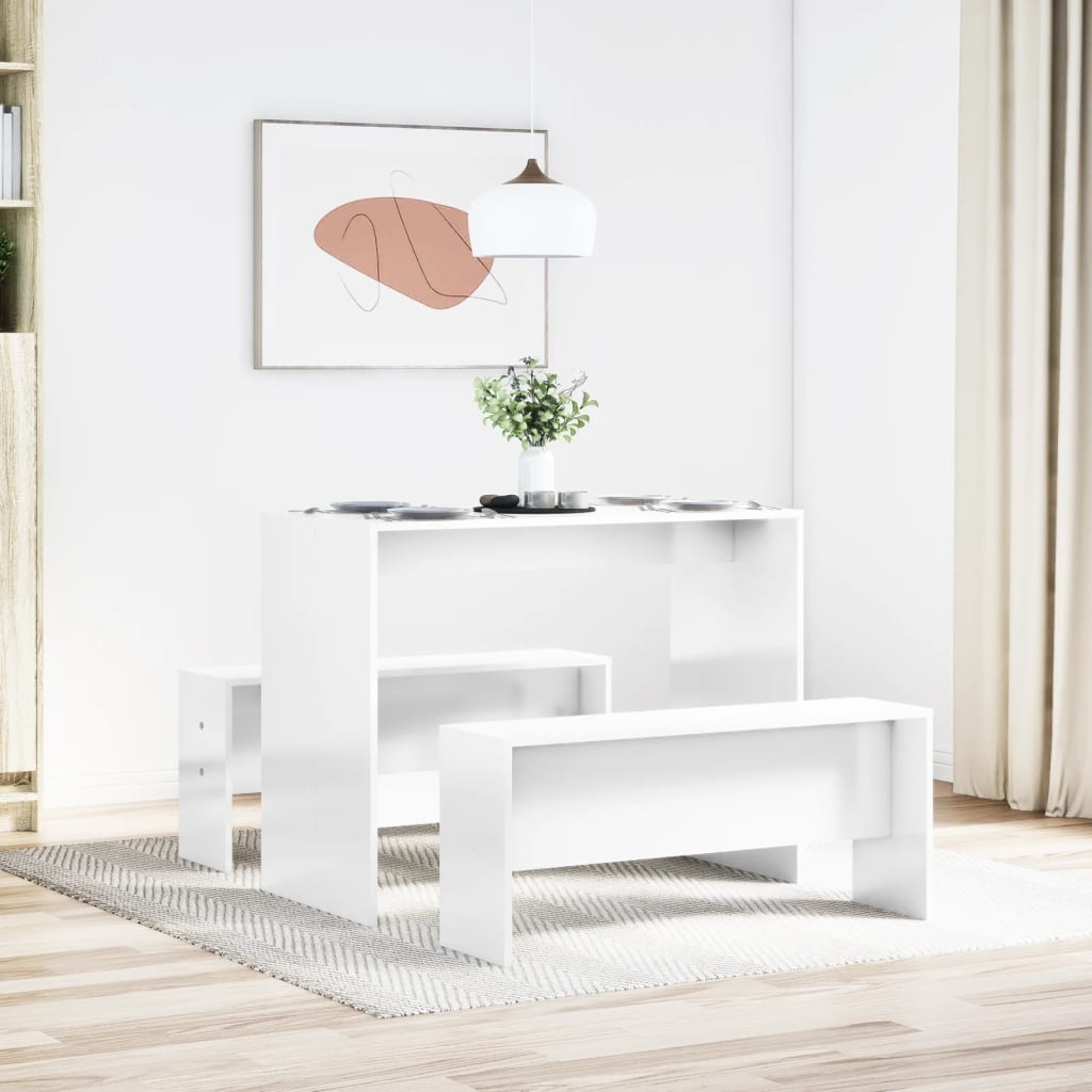 High Gloss White 3 Piece Dining Table & Bench Set - Engineered Wood