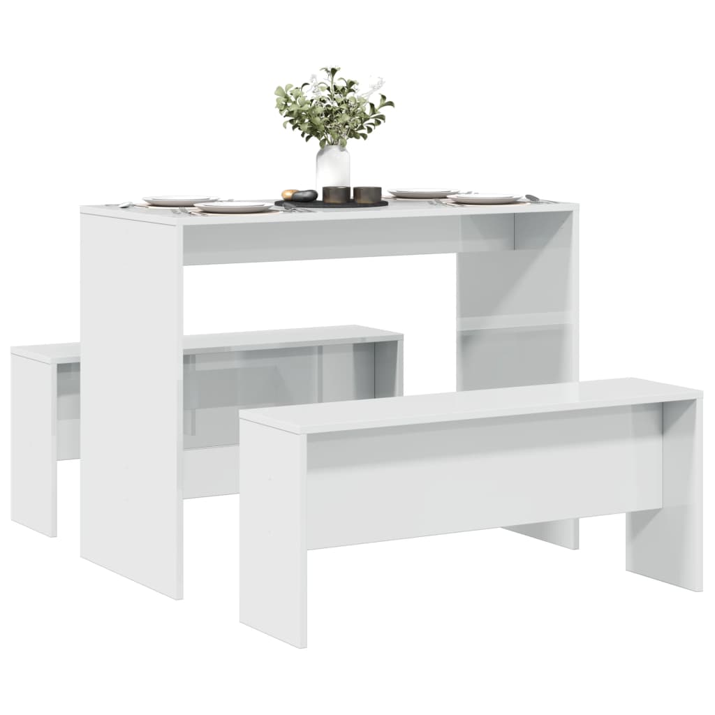 High Gloss White 3 Piece Dining Table & Bench Set - Engineered Wood