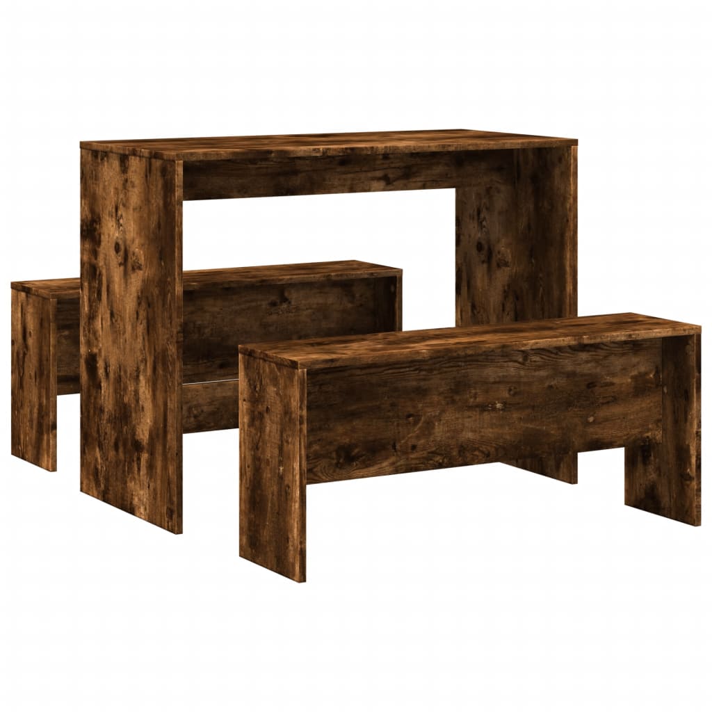 Smoked Oak 3-Piece Dining Set: Table & Benches, Engineered Wood