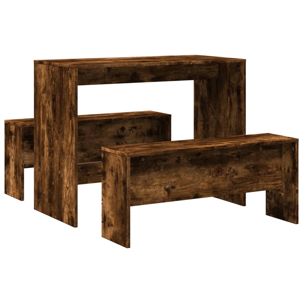 Smoked Oak 3-Piece Dining Set: Table & Benches, Engineered Wood