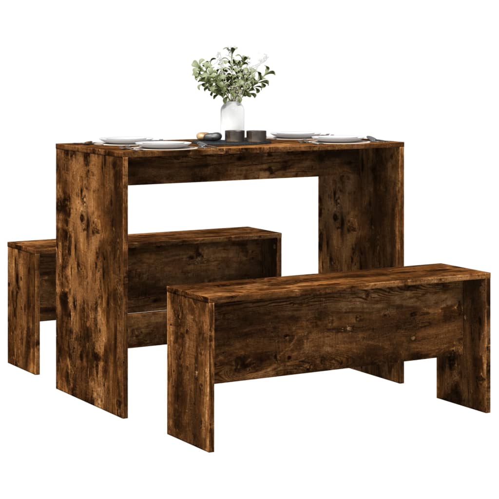 Smoked Oak 3-Piece Dining Set: Table & Benches, Engineered Wood