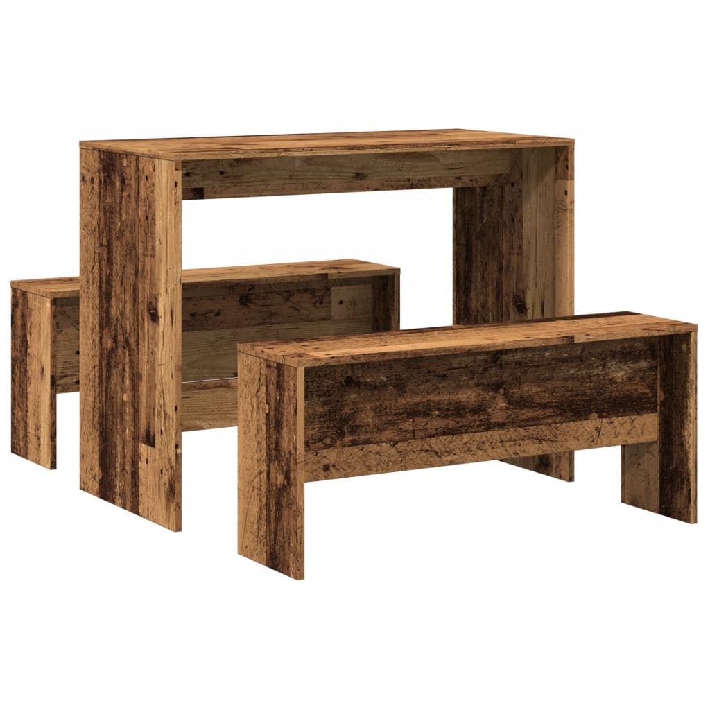 Rustic 3-Piece Dining Set: Old Wood Table & Benches