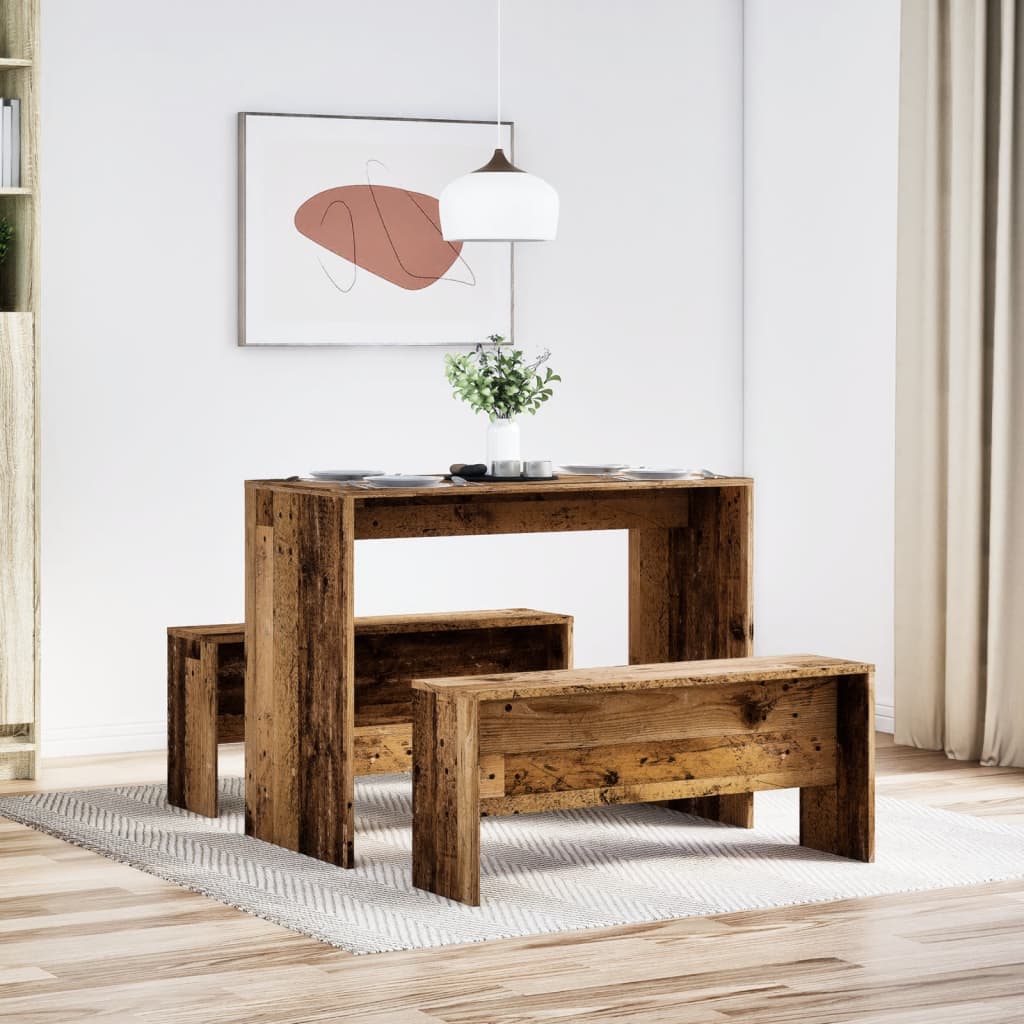 Rustic 3-Piece Dining Set: Old Wood Table & Benches