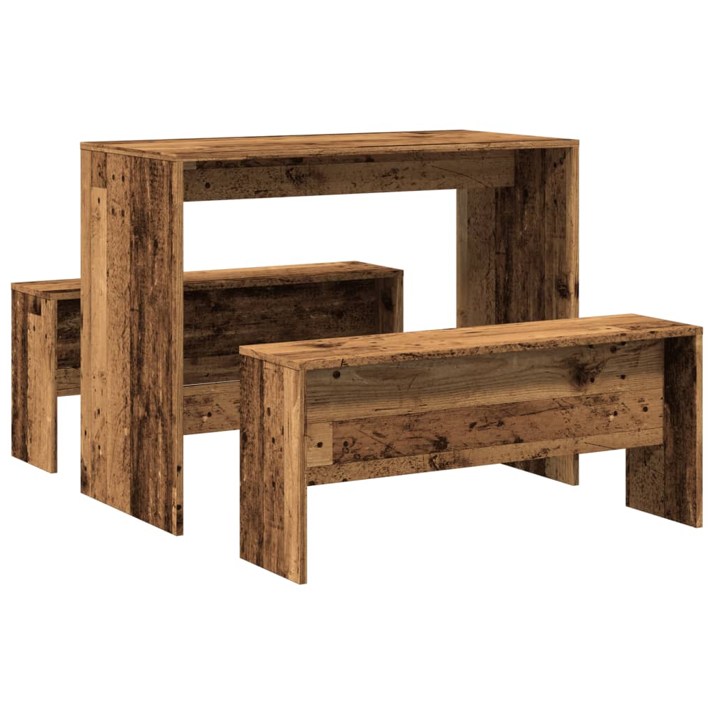 Rustic 3-Piece Dining Set: Old Wood Table & Benches