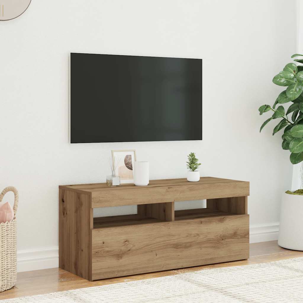 TV Cabinet with LED Lights Artisan Oak 90x35x40 cm Engineered Wood