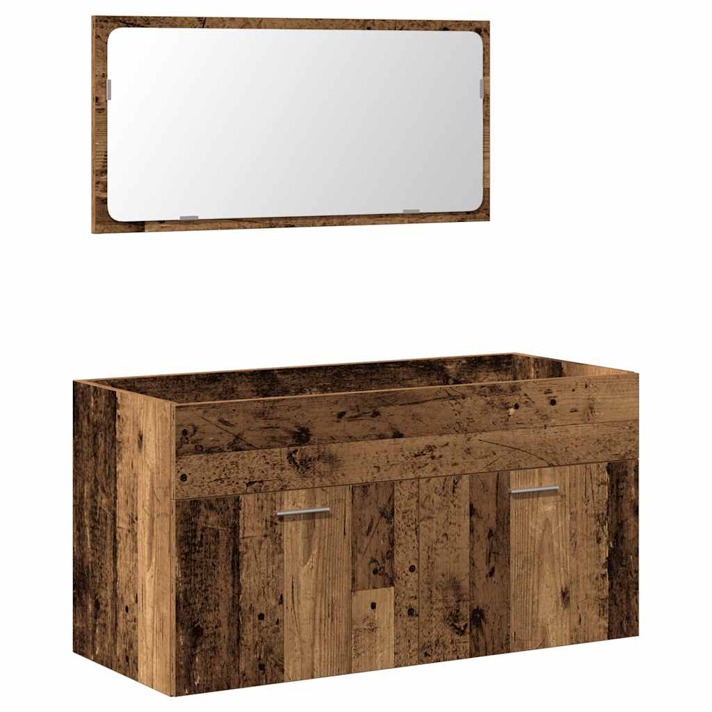 Rustic Bathroom Cabinet with Mirror - Old Engineered Wood Finish