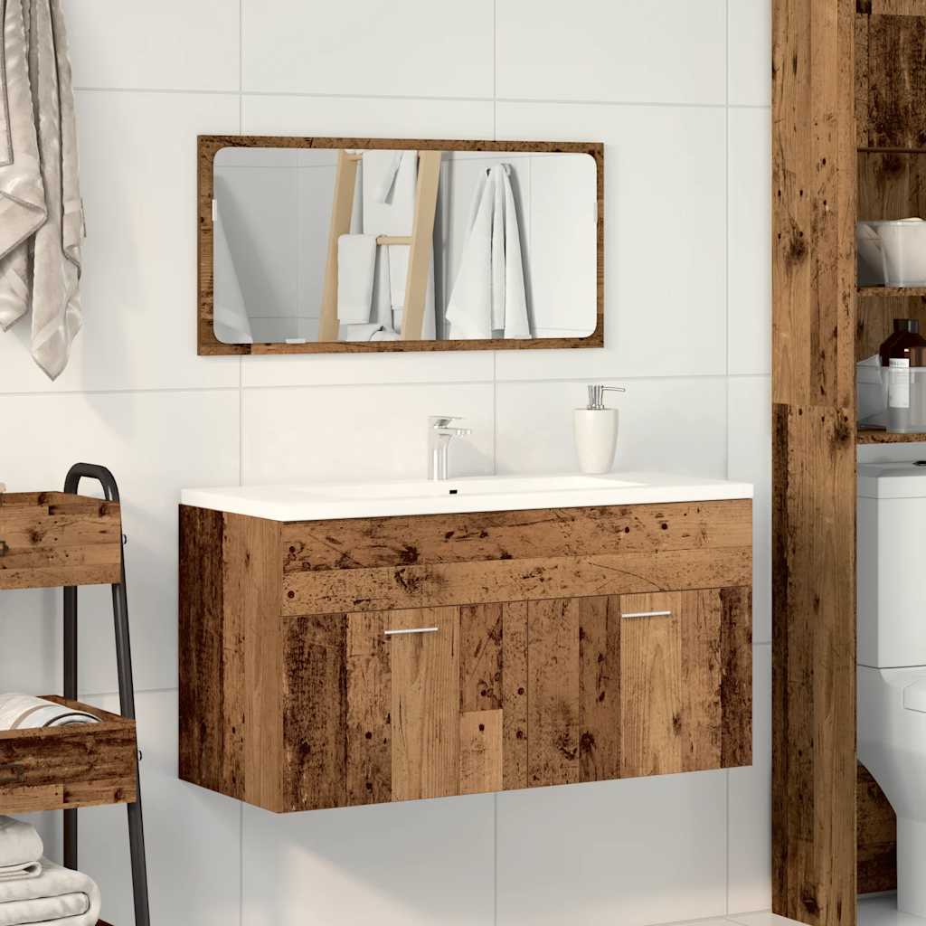 Rustic Bathroom Cabinet with Mirror - Old Engineered Wood Finish