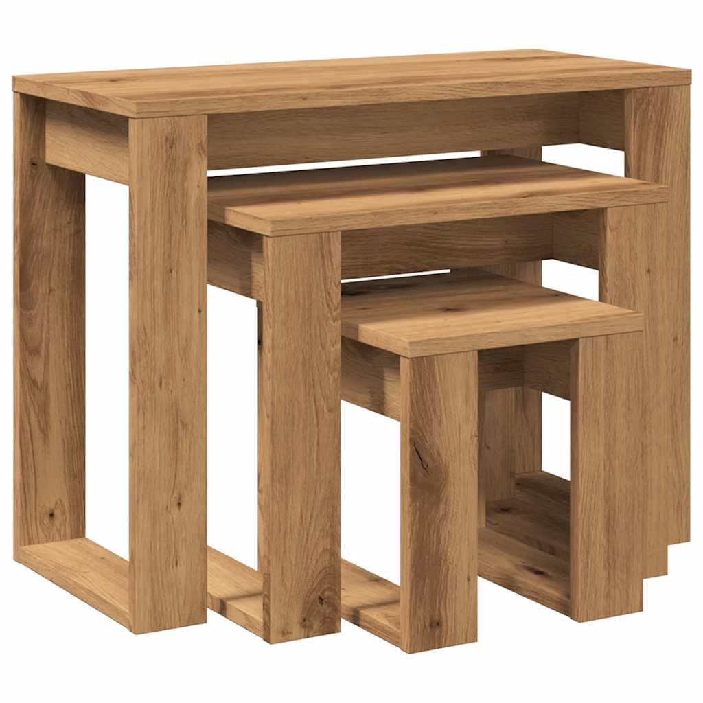 Artisan Oak Nest of Tables - 3 Pcs Engineered Wood Set