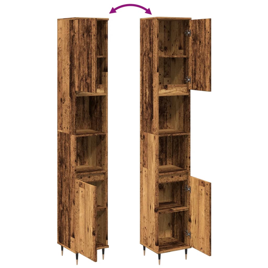 Rustic Bathroom Cabinet, Old Wood Finish, 30x30x190 cm