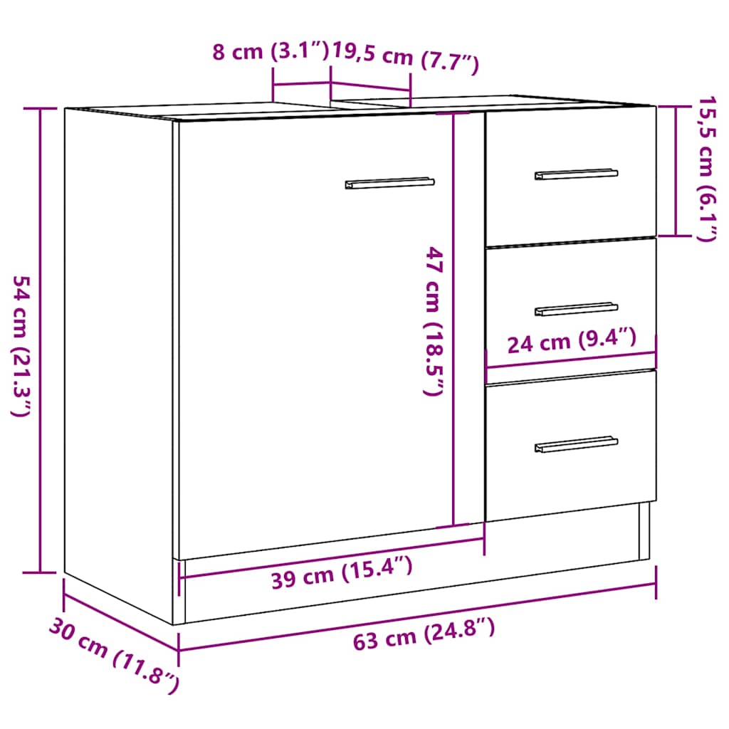Artisan Oak Sink Cabinet 63x30x54 cm - Durable Engineered Wood