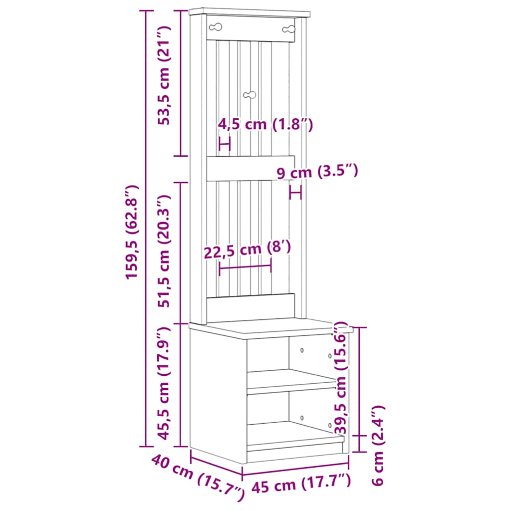 Solid Wood Pine Hall Tree SANDENS 45x40x159.5 cm Organizer