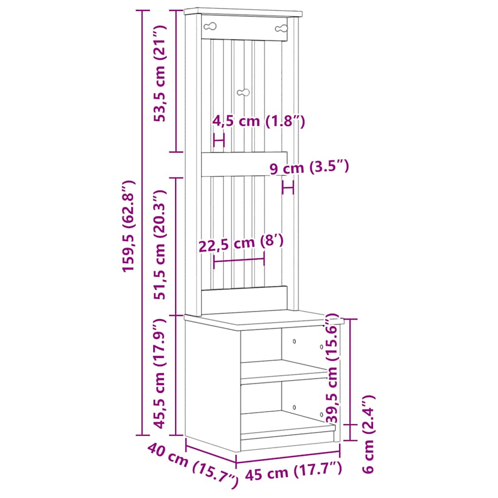 White Solid Wood Hall Tree SANDENS, 45x40x159.5 cm Pine