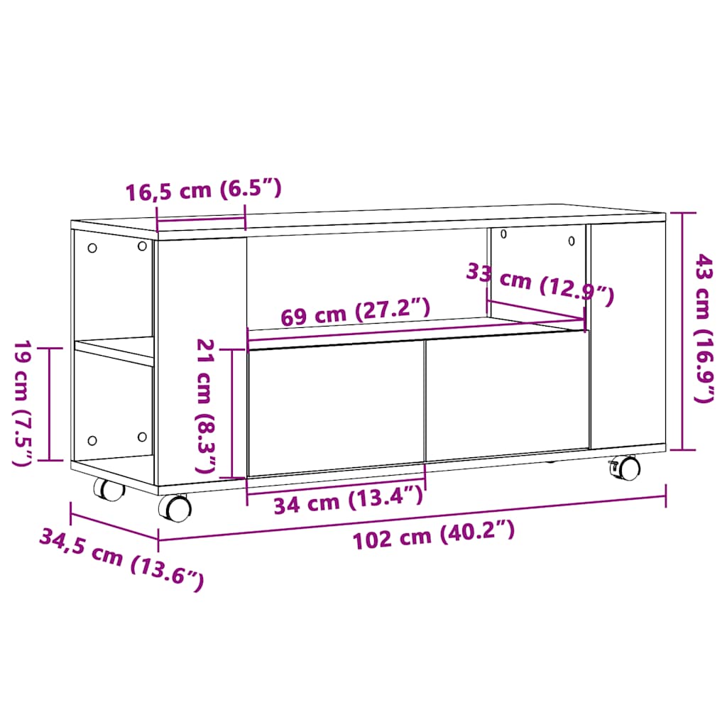 TV Cabinet with Wheels Artisan Oak 102x34.5x43 cm Engineered Wood