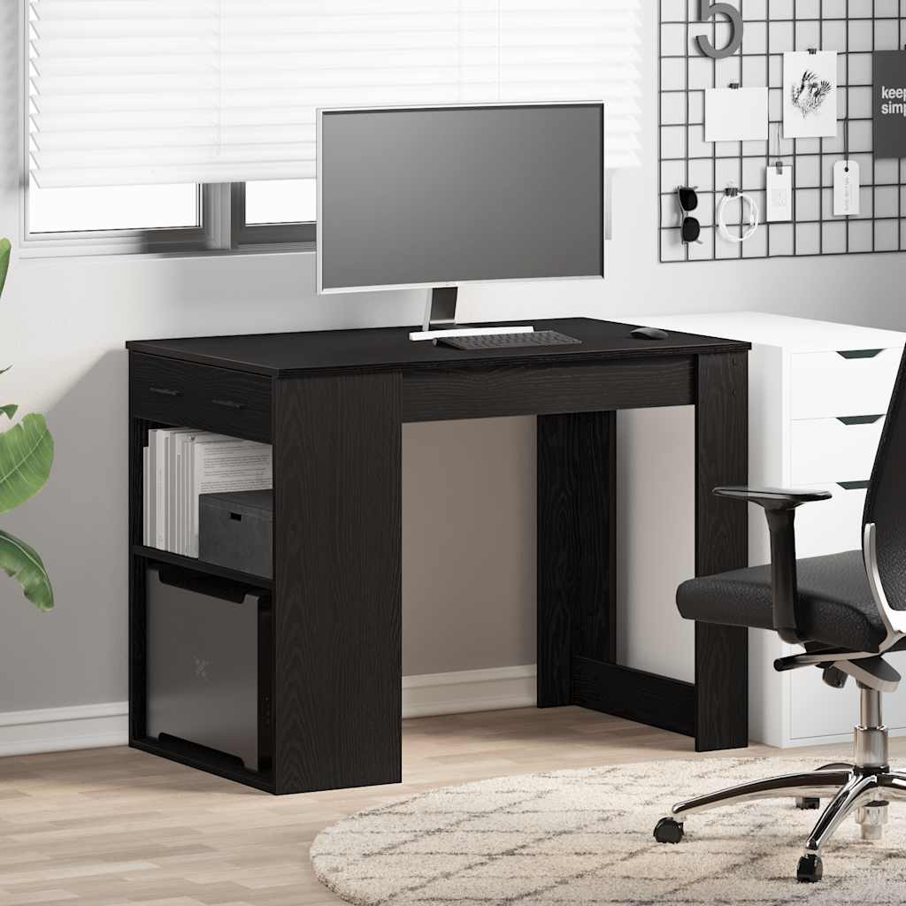 Black Oak Desk with Drawer & Shelf - 102x62x77.5 cm, Engineered Wood