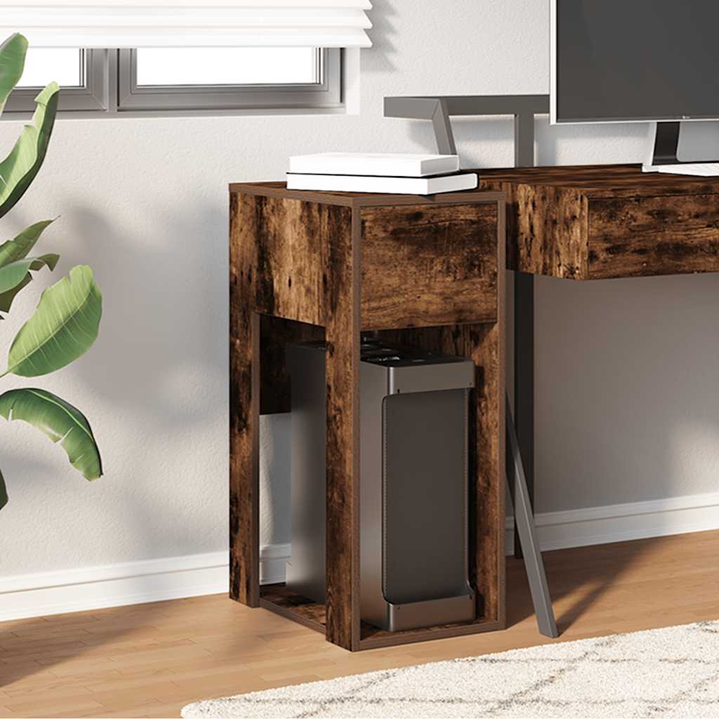 Smoked Oak Computer Tower Stand with Drawer - 30x44x74 cm